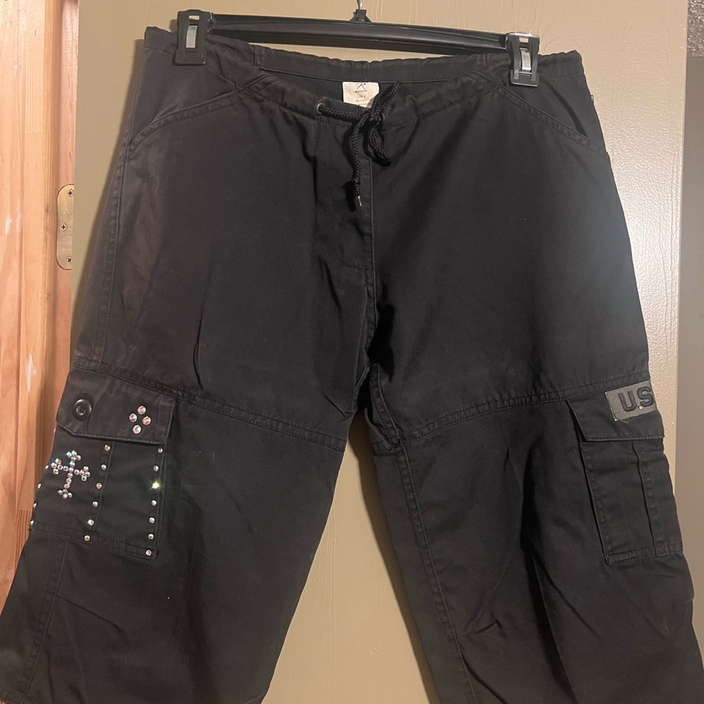 Bling Black Cropped Pants with Army and Cross bling on the pockets